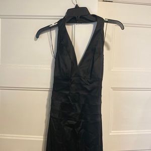 Formal black satin maxi dress with cutout back